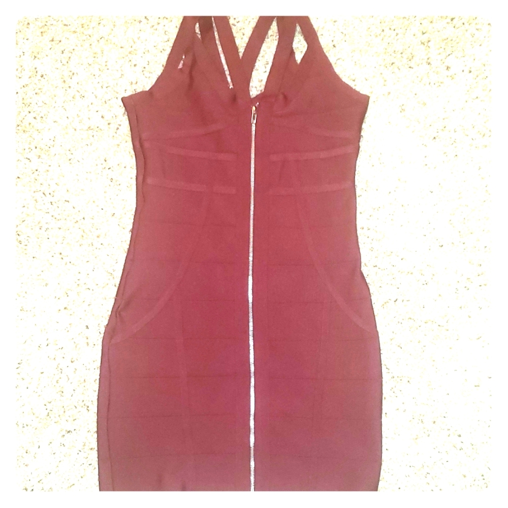 Front Zip Burgundy Bodycon Bangage Dress